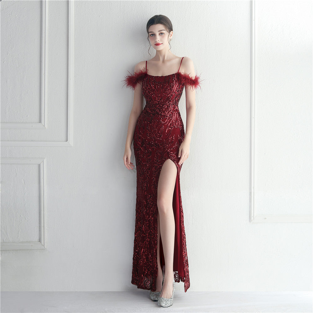 Positioning Floral Sequin Wool Binding Craft Sling Dress Long