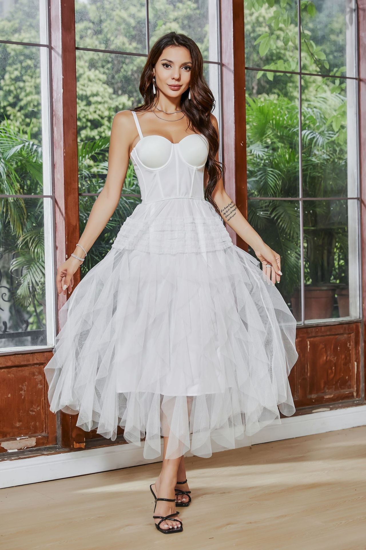 Vestido de fiesta con corsé, tirantes finos y vuelo, color blanco, para el primer amor, estilo tubo francés