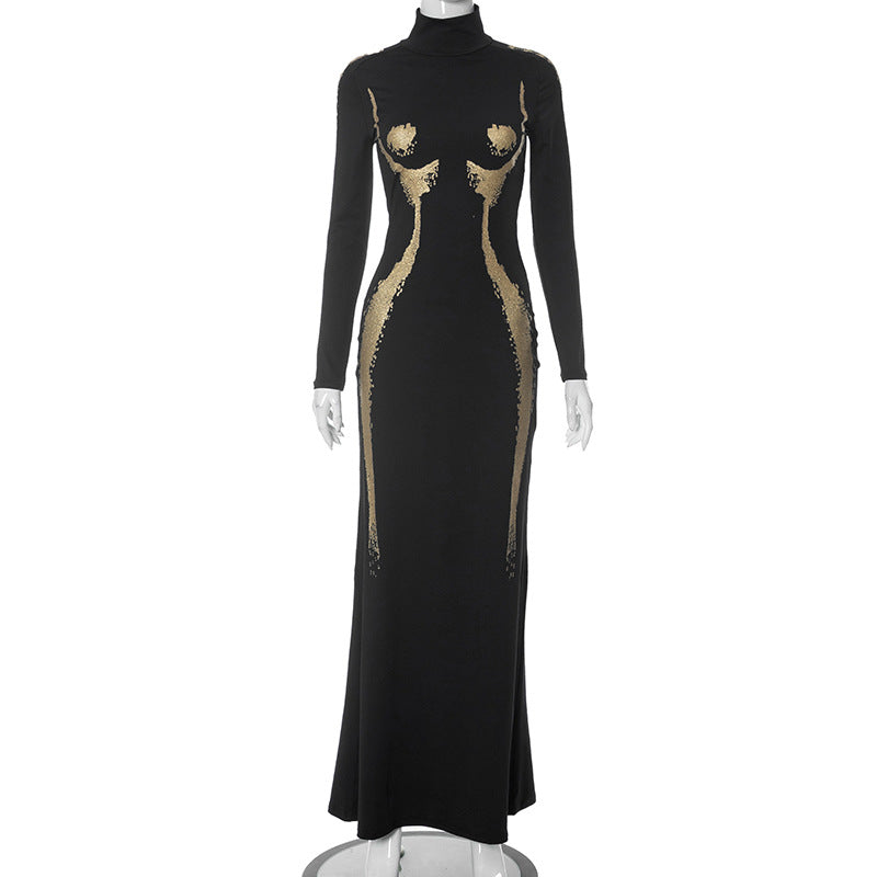Vestido estampado de manga larga y cintura alta