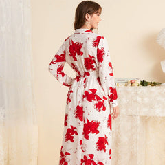 Printed V neck Long Sleeve Dress Long Sweet Dress