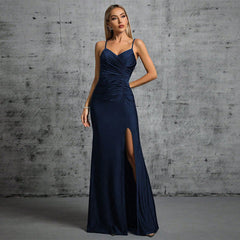 Vestido de noche con tirantes, escote en V profundo, abertura alta, espalda descubierta, para fiesta de Navidad