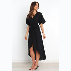 Solid Color Casual V-neck Lace-up Dress