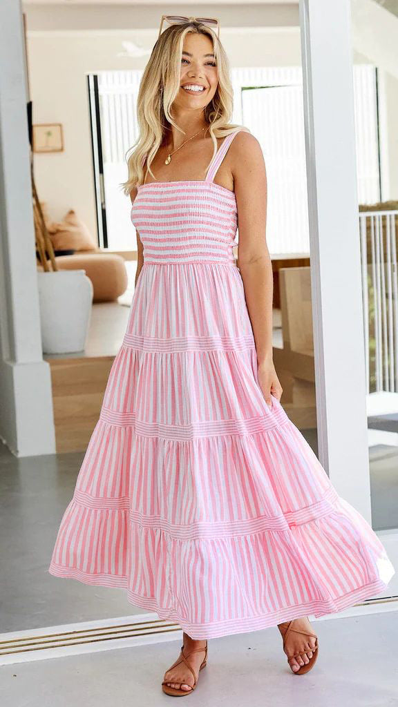 Strap Backless Dress Maxi Dress Striped Dress for