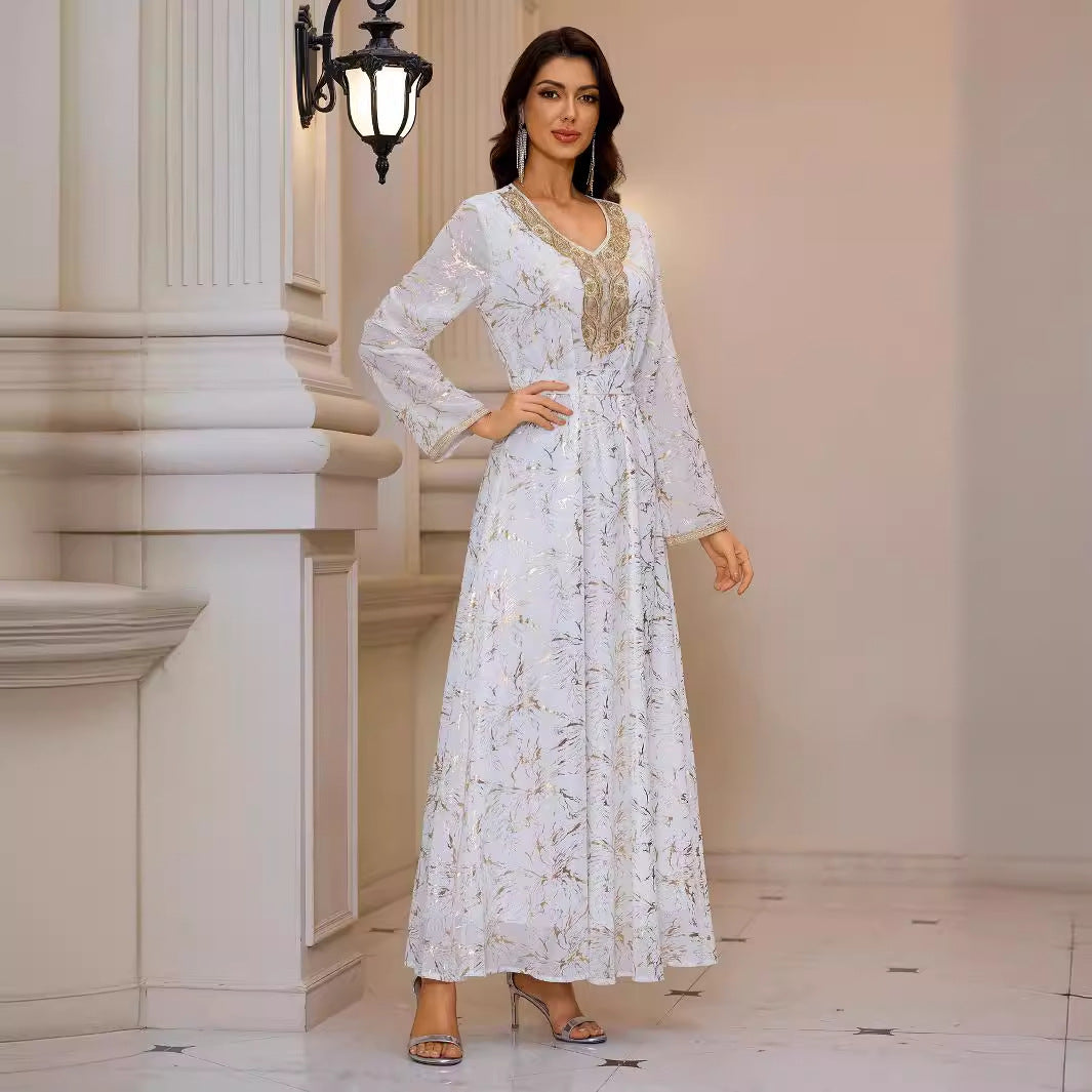 Gold Pattern Printed Maxi Dress Patchwork Knitted Belt Long Sleeve Dress