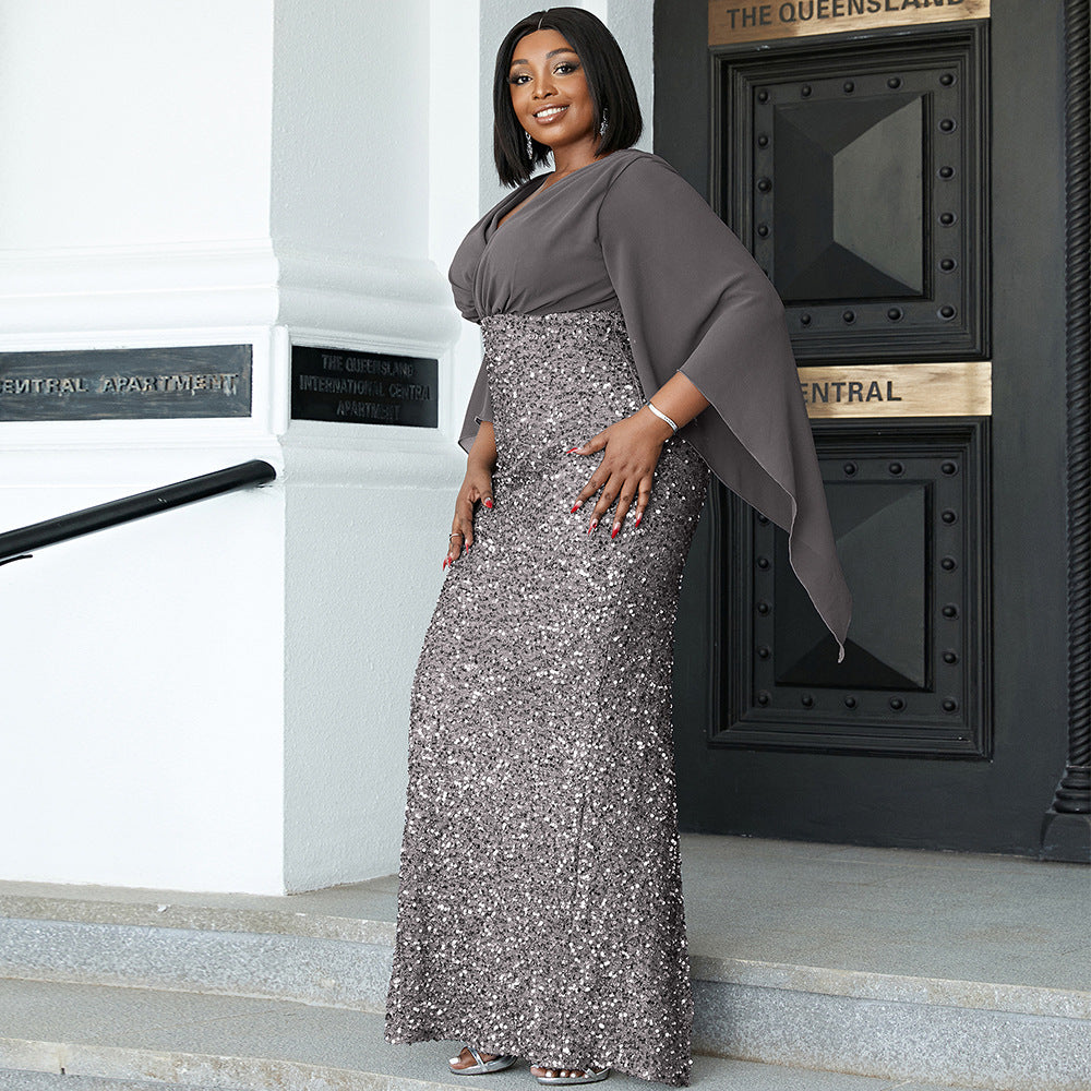 plus Size Long Sequined V neck Long Sleeve Cocktail Evening Dress Bridesmaid Dress