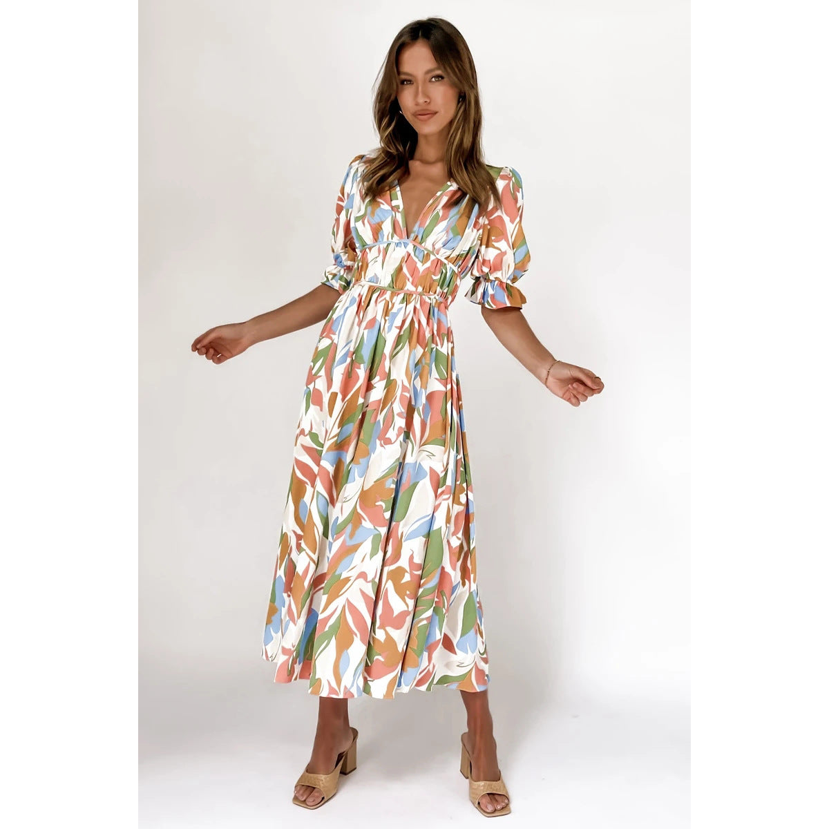 Digital Floral Print Fresh Sweet Mid-Length Dress