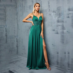 Stunning Green V eck Backless Camisole Evening Dress High Grade Satin Formal Dress Slimming