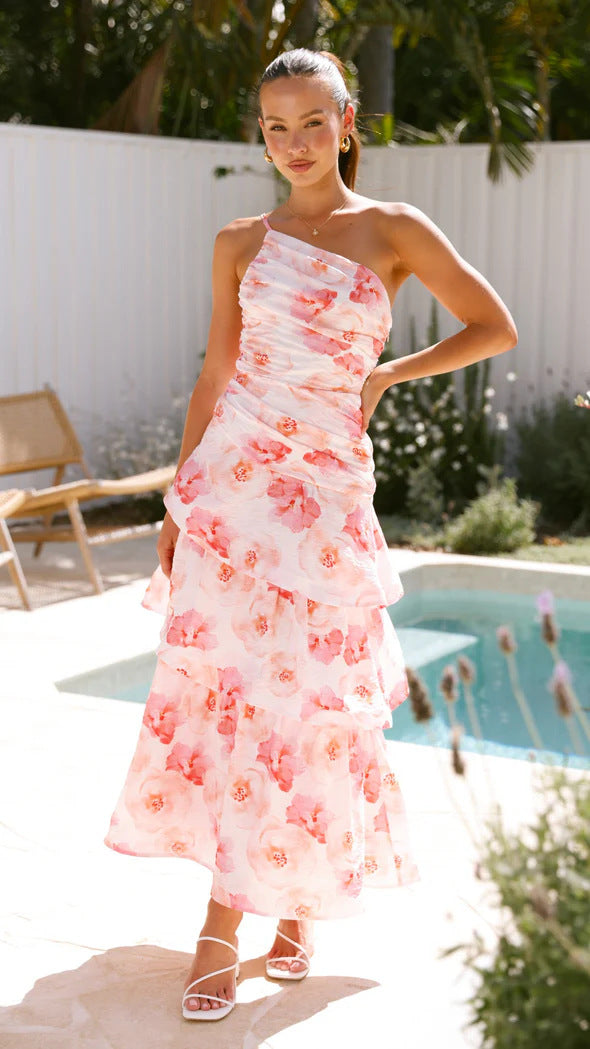 Single Shoulder Suspender Printing Dress