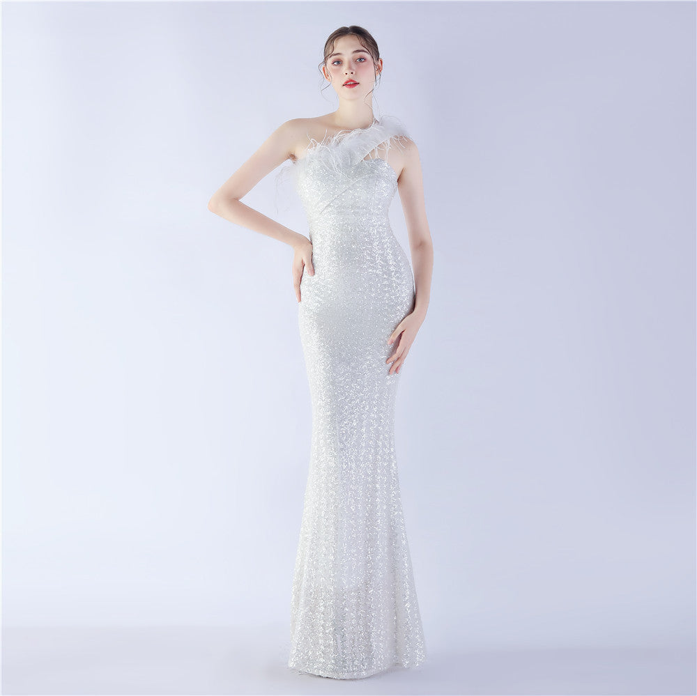 Craft Order Ostrich Feather Single Shoulder Diagonal Collar High Density Sequin High End Evening Dress