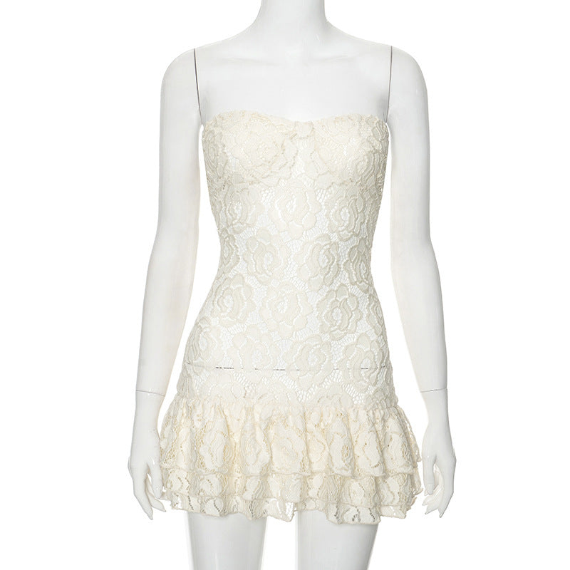 Vestido de cintura alta con encaje y parte superior de tubo de color liso transparente