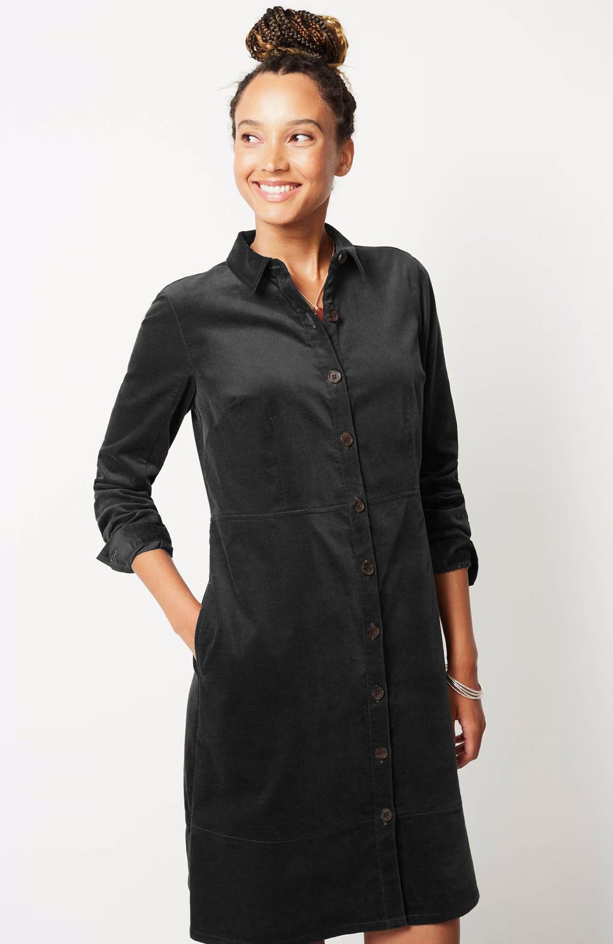 Elegant Velvet Windbreaker Button Loose Intellectual Long Sleeve Shirt Dress