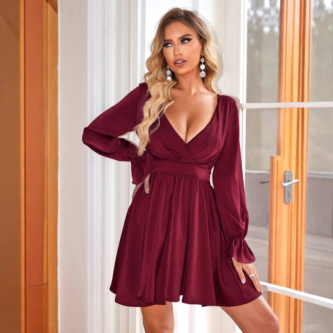 Deep V Plunge neck Dress Wedding Guest Casual Pleated Long Sleeve Lace up Backless Dress