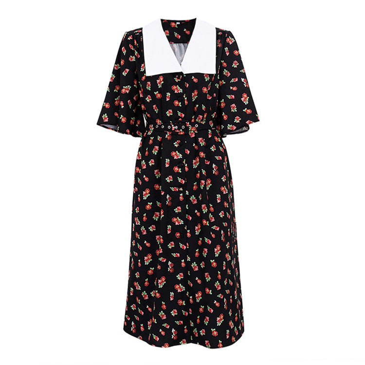 Vestido elegante de manga corta con cuello de muñeca y abertura en la cintura con estampado floral