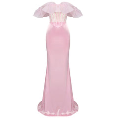 Conjunto de dos piezas de organza rosa y plateada con chaleco sin espalda y vestido elegante