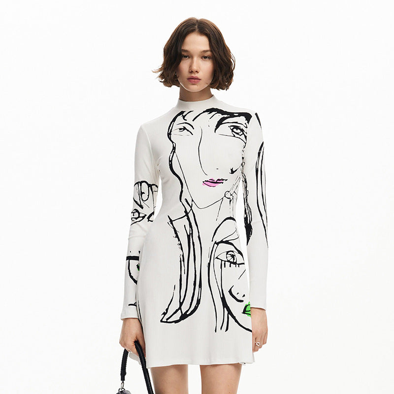 Vestido casual de manga larga con estampado de líneas verticales