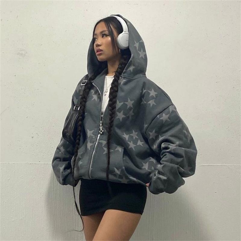 Sudadera con capucha y cremallera Y2k con estampado de estrellas vintage