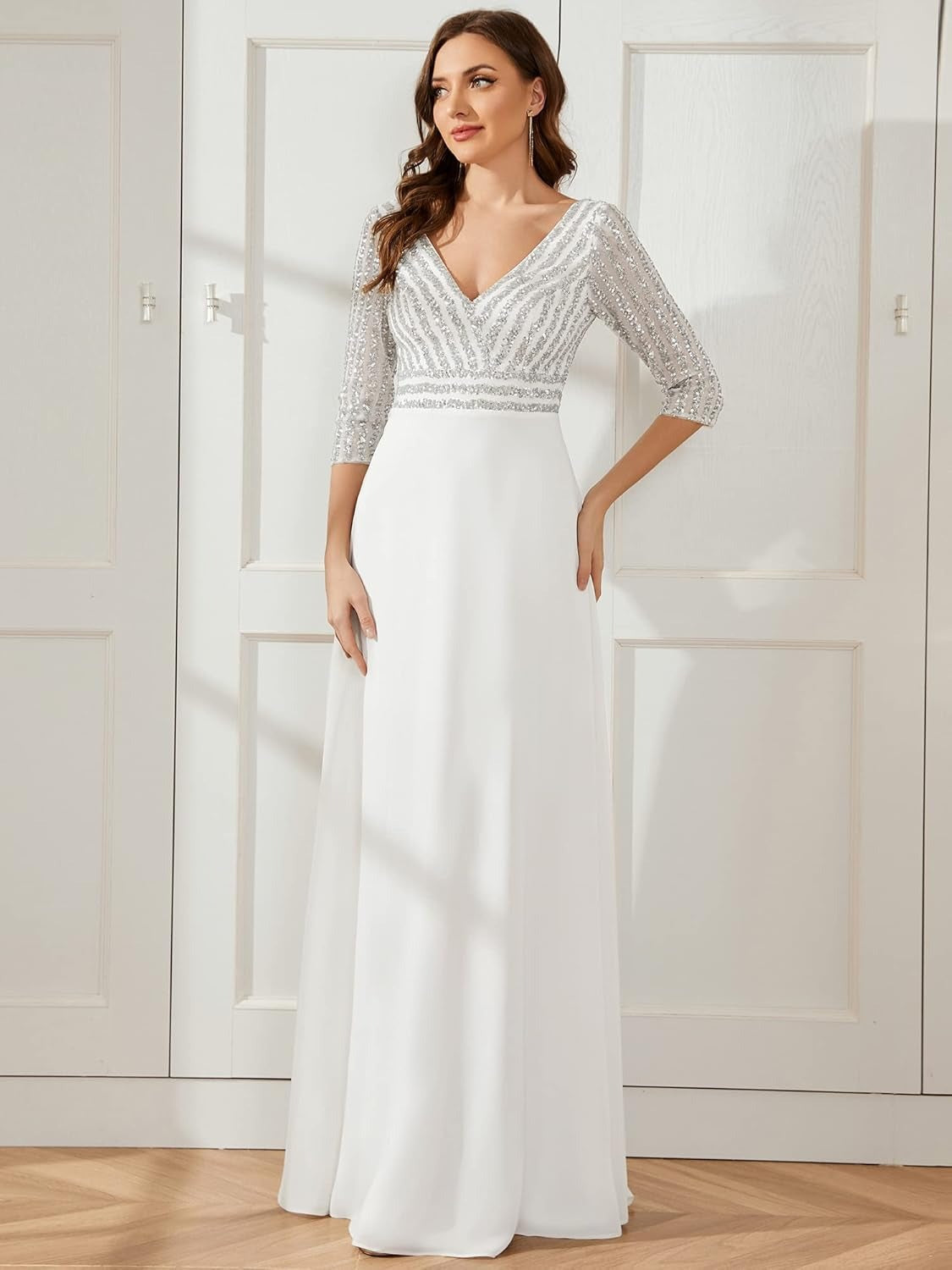Middle East Chiffon Double V neck Dress A line Large Hem Sequin Stitching Evening Dress