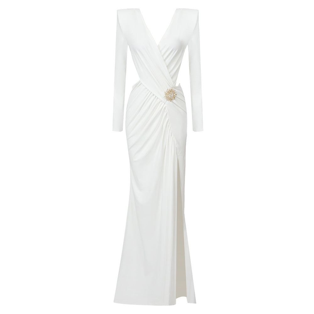White Long Sleeve Pleating Hollow Out Cutout Cross Dress V Neck Metal Waist