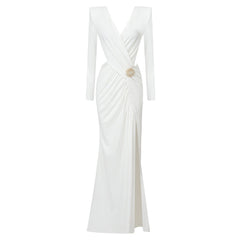White Long Sleeve Pleating Hollow Out Cutout Cross Dress V Neck Metal Waist