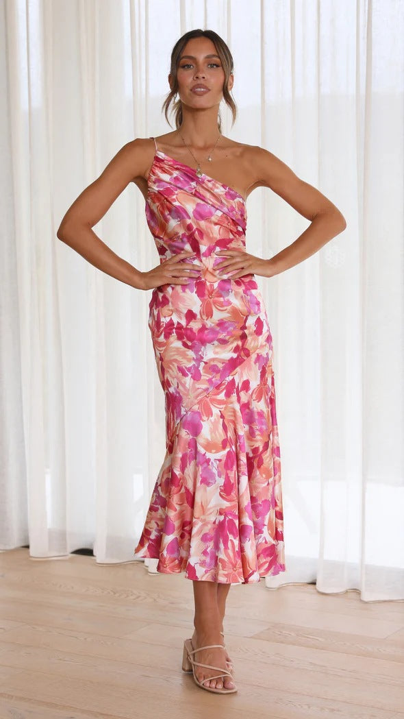 Diagonal Collar Strap Fishtail Printing Dress