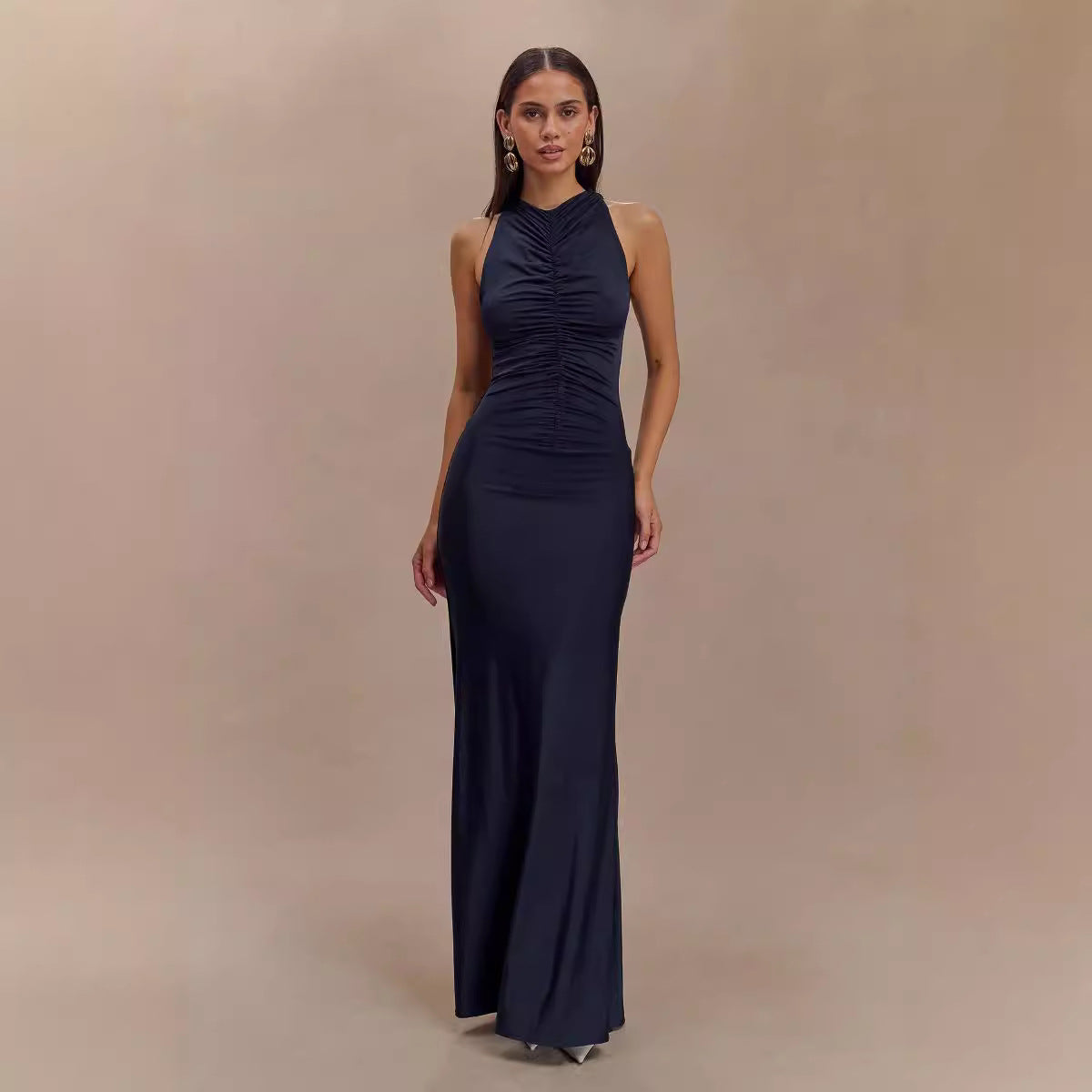 Sleeveless Pleated Solid Color Maxi Dress