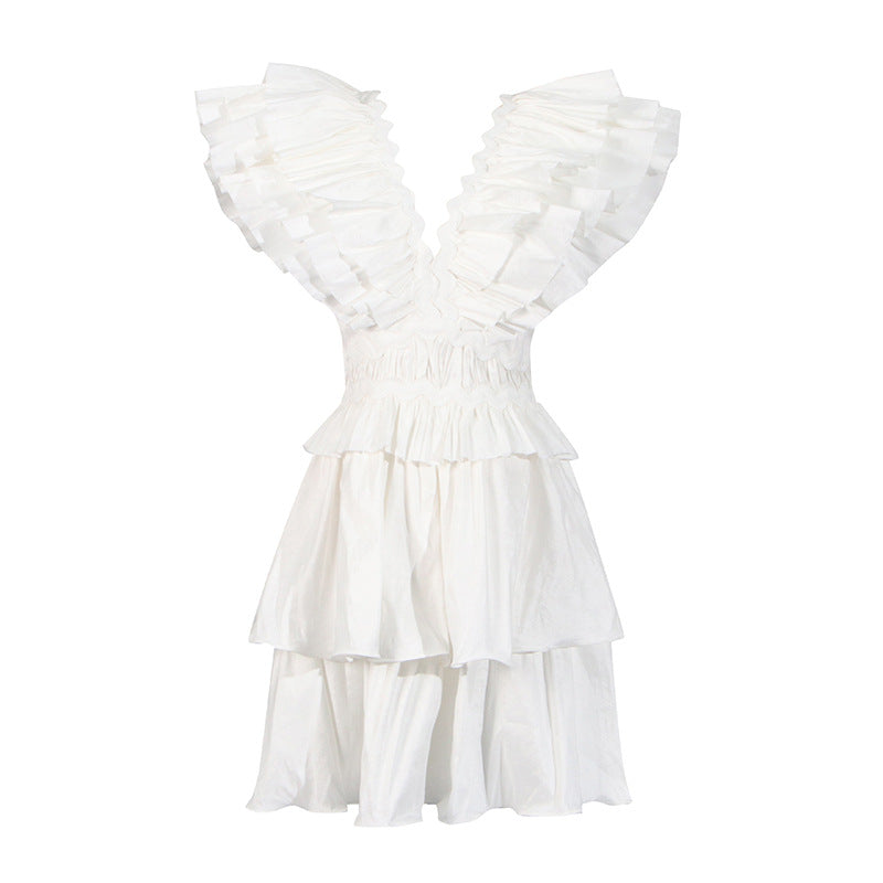 V neck Ruffled Flying Sleeves Vacation Tiered Dress