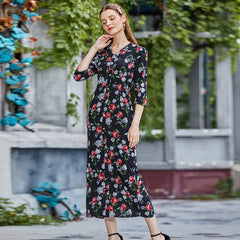 V neck Shirt Sleeve Printing High Waist Long Casual Dress