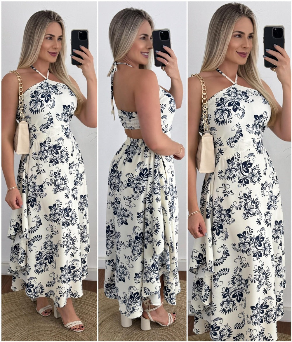 Vestido de tirantes finos con cuello halter y estampado digital personalizado para vacaciones en el sudeste asiático