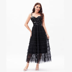 Socialite High Sense Black Paillette Beauty Back Underwear One Piece Dress Boning Corset Sling Multi-Layer Tiered Dress