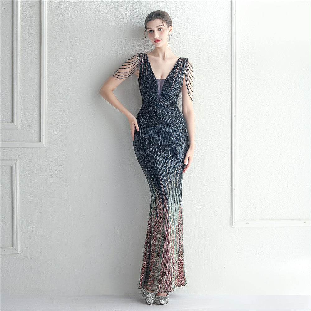 Craft Beaded Sequined Car Model Exhibition Host Dinner Long Evening Dress Fishtail Dress