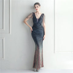 Craft Beaded Sequined Car Model Exhibition Host Dinner Long Evening Dress Fishtail Dress