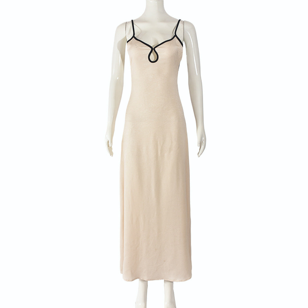 Dress Contrast Color Slim Fit Backless Halterneck with Suspenders Hip Dress
