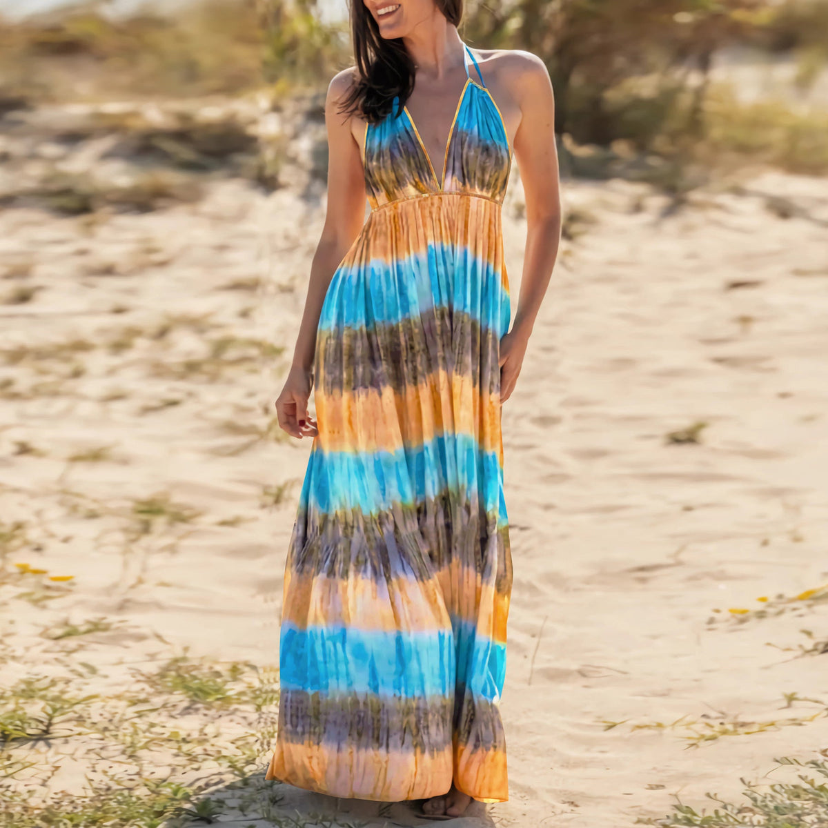 Slim Tie Dye Strap Backless Printed Dress Bohemian Beach Long