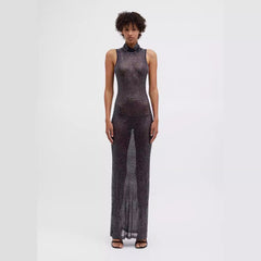 Vestido maxi transparente con aberturas, malla y diamantes de imitación, sin mangas