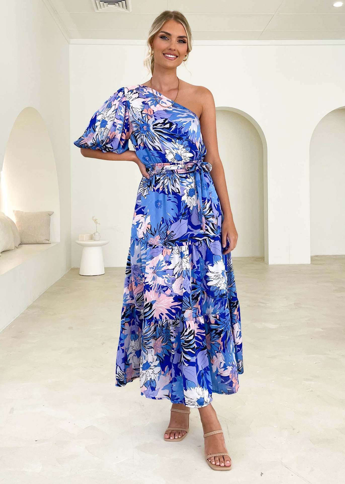 Vestido largo estampado elegante para vacaciones, vestido largo con dobladillo grande para