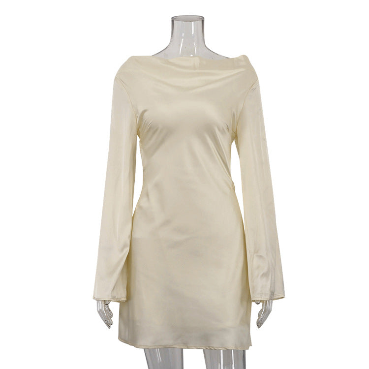 Vestido de satén con aberturas, escote en V, espalda descubierta, encaje, cuello alto, manga larga, corte A corto