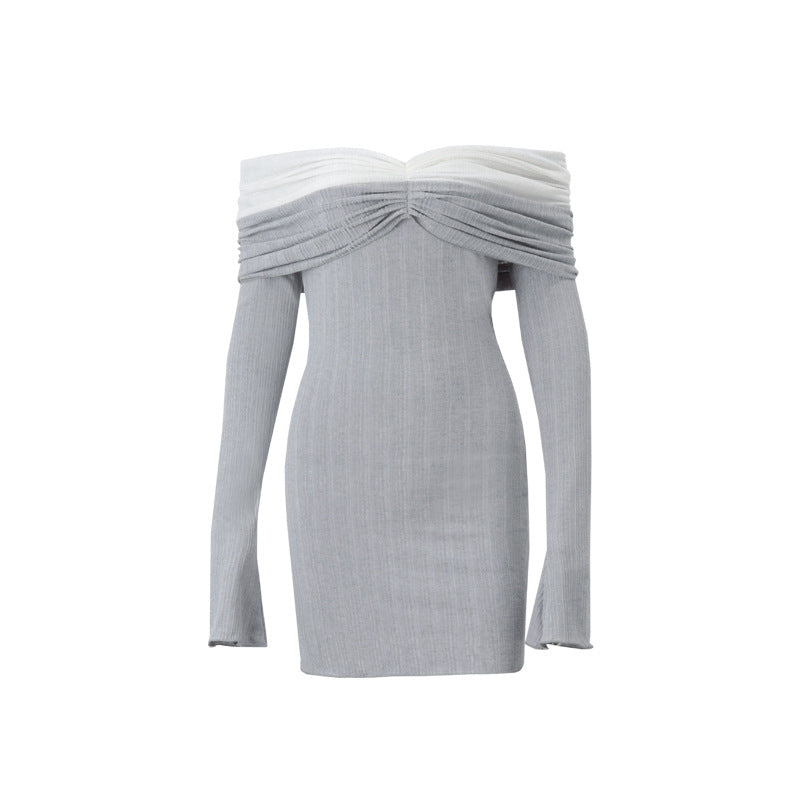 French Off The Shoulder Color Matching Knitted Long Sleeved Dress
