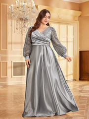 Vestido de satén de talla grande con cuello en V y manga larga, ajustado, maxivestido de lentejuelas para cóctel o noche