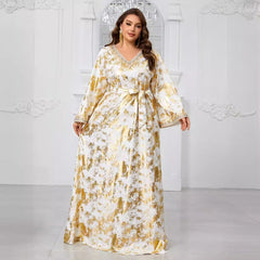 Plus Size Muslimisches Kleid aus dem Nahen Osten mit V-Ausschnitt, Stickerei, Spitze, langen Ärmeln und Gürtel