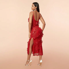 Sequined Backless Strap Long Evening Dress