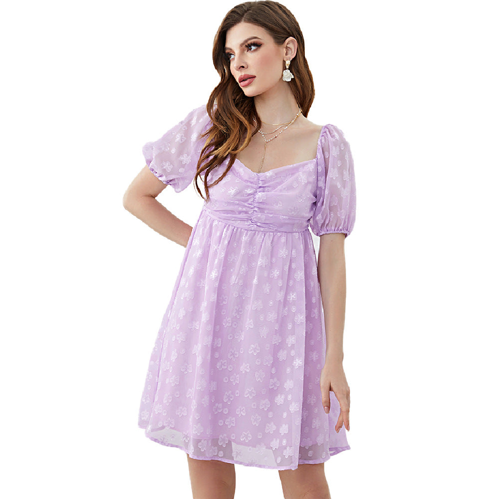 French Square Collar Puff Sleeve High Waist Pettidress Backless Dress