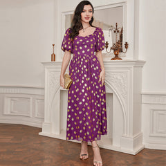 Vestido elegante de moda con cintura alta y mangas abullonadas doradas