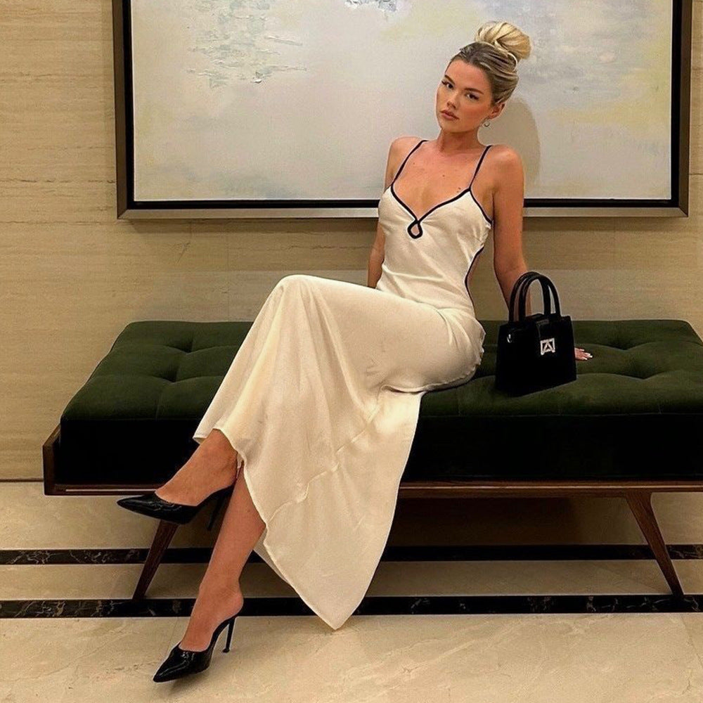 Dress Contrast Color Slim Fit Backless Halterneck with Suspenders Hip Dress