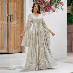 Vestido de cóctel de noche para mujer, manga larga, estampado bronceado, cintura árabe