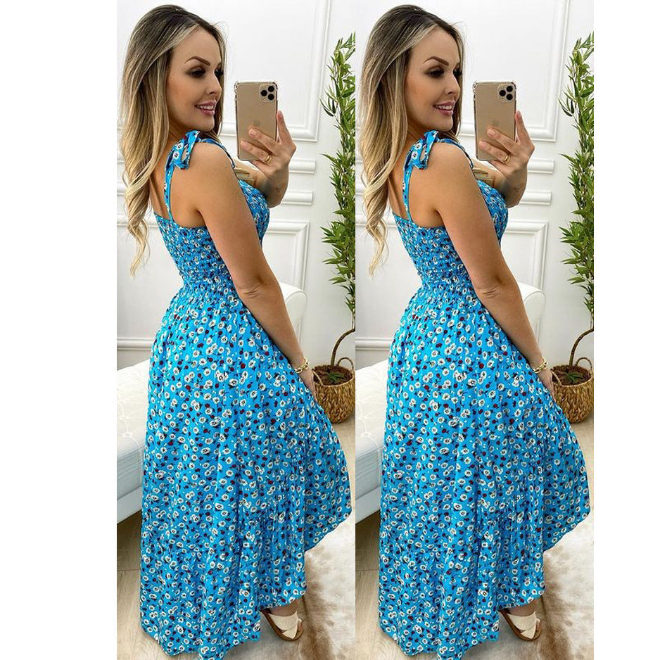 Pleated Strap Floral Dress Home Loose Lace up Large Swing