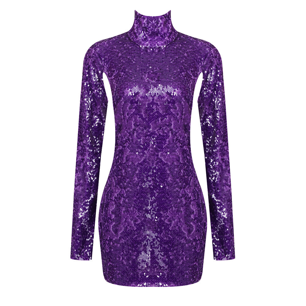 Vestido morado con lentejuelas, cuello redondo, espalda descubierta, manga larga, vestido de año nuevo