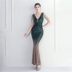 Craft Beaded Sequined Car Model Exhibition Host Dinner Long Evening Dress Fishtail Dress
