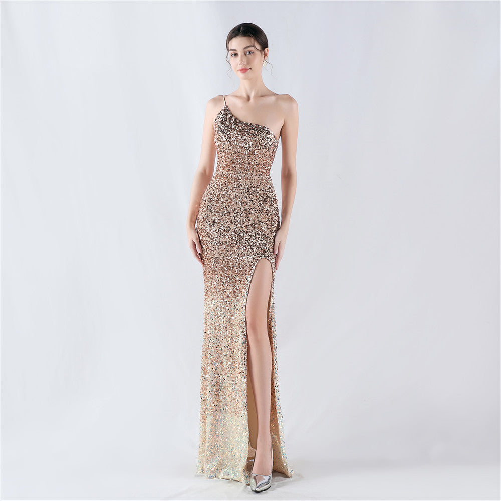 Dress Velvet Bottom Gradient Sequin High Fork Oblique Shoulder Evening Dress