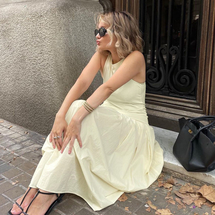 Vestido tipo chaleco francés sin mangas, de alta calidad, con costuras plisadas y adelgazante.