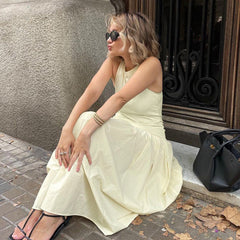 Vestido tipo chaleco francés sin mangas, de alta calidad, con costuras plisadas y adelgazante.